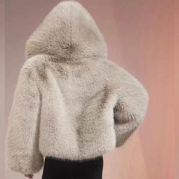 New $698 Alo Yoga Opulent Faux Fur Statement Jacket Coat W/ Hood Mushroom XS S - Picture 4 of 5
